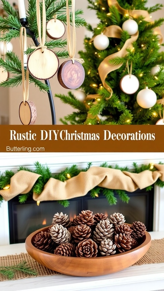 Rustic DIY Christmas decorations including wooden slice ornaments, burlap garland, and pinecone centerpiece.
